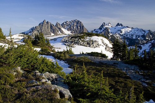 Exploring around the lake on a mix of snow and melted slabs