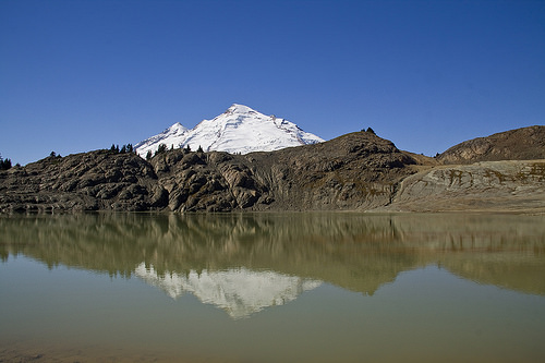 Mount Baker reflecting in largest of the tarns on the plateau.